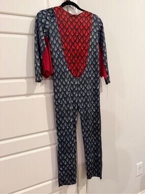 Kids Red and Gray Dragon Scale Costume Jumpsuit- medium